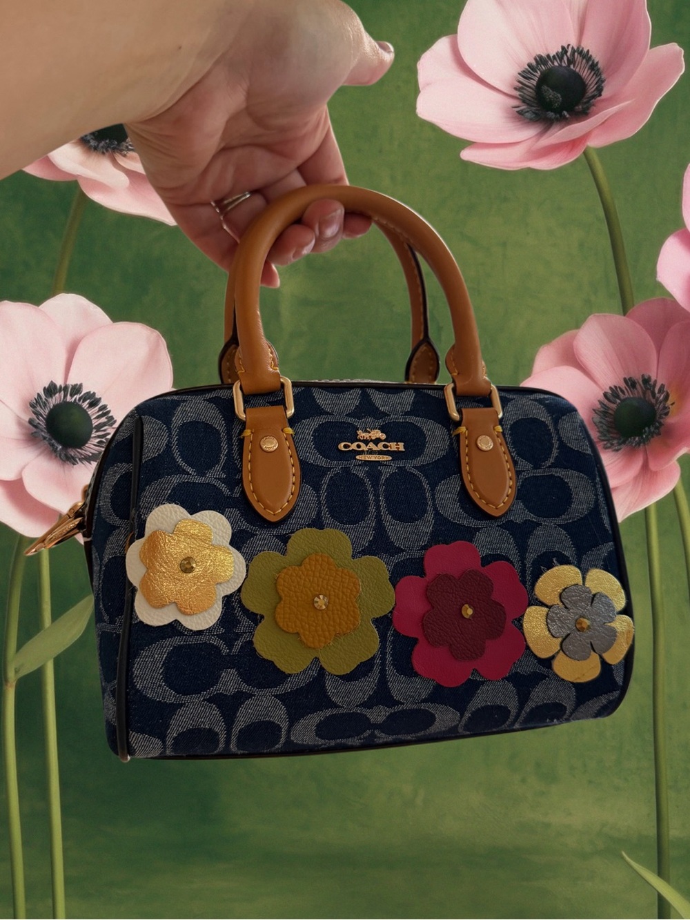 COACH Denim Signature Floral Appliqué Mini Satchel with Tan Handles - Picture 2 of 10